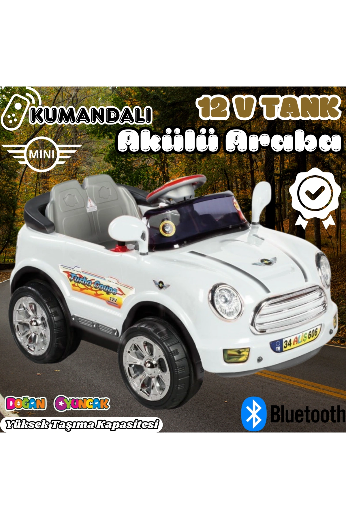 Kumandalı Mini Cooper Akülü Araba Beyaz - Kumandalı 12 Volt Tek Kişilik Akülü Araba Akülü JEEP - Turbo Coupe Akülü Araba