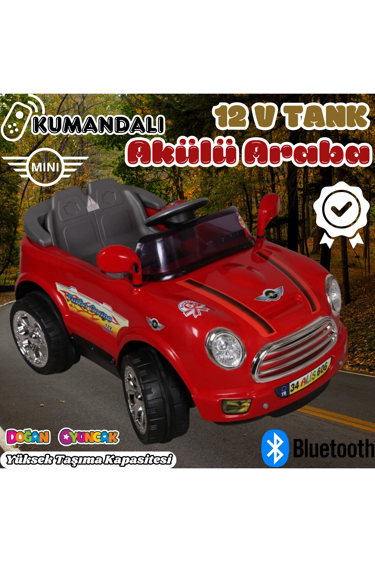Kumandalı Mini Cooper Akülü Araba Kırmızı - Kumandalı 12 Volt Tek Kişilik Akülü Araba Akülü JEEP - Turbo Coupe Akülü Araba