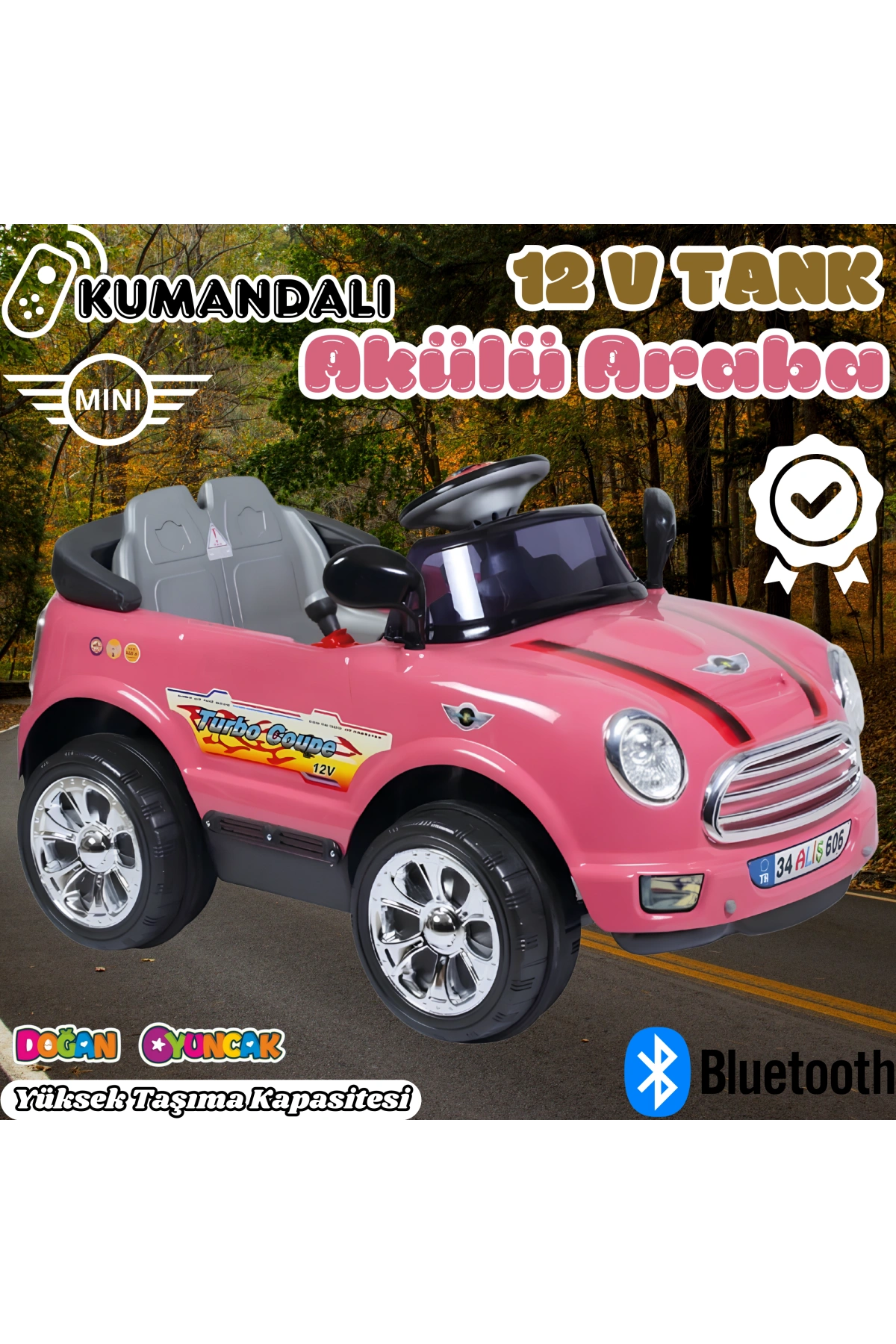 Kumandalı Mini Cooper Akülü Araba Pembe - Kumandalı 12 Volt Tek Kişilik Akülü Araba Akülü JEEP - Turbo Coupe Akülü Araba