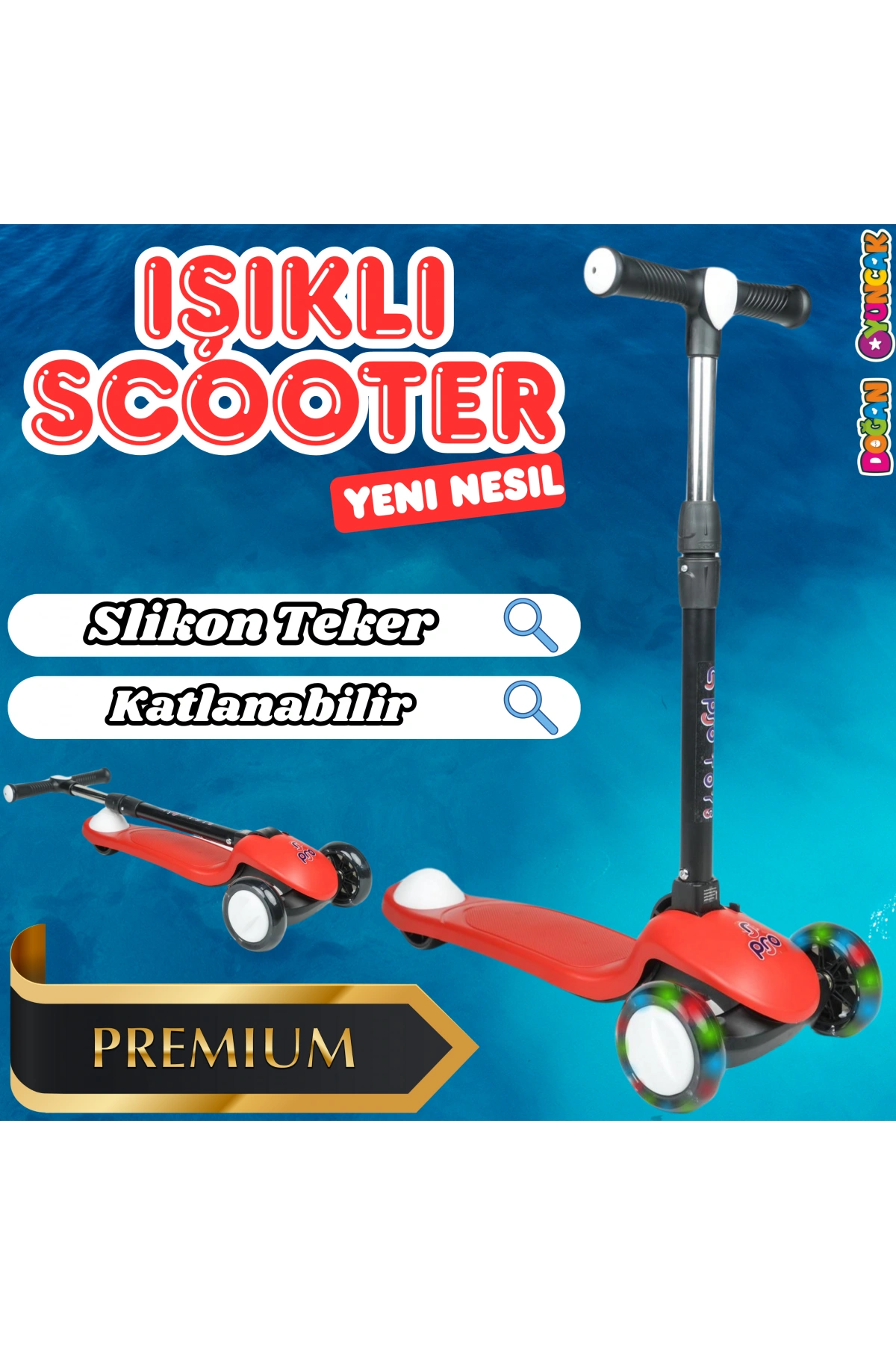 Lupa Katlanabilir Işıklı 3 Tekerlekli Kırmızı Scooter - Işıklı Scooter - Slikon Teker Scooter - Çocuk Scooter - İttir Git