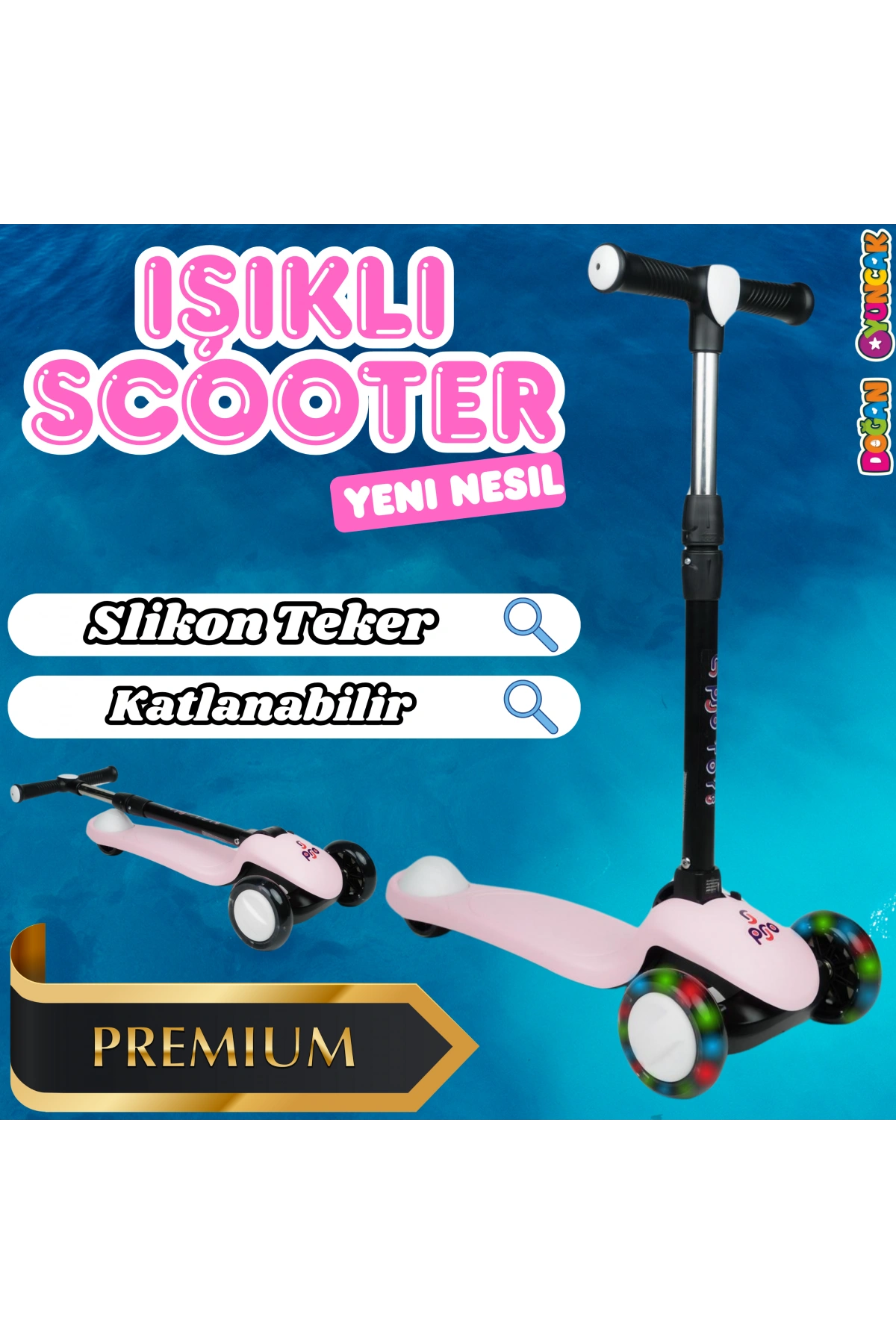Lupa Katlanabilir Işıklı 3 Tekerlekli Pembe Scooter - Işıklı Scooter - Slikon Teker Scooter - Çocuk Scooter - İttir Git