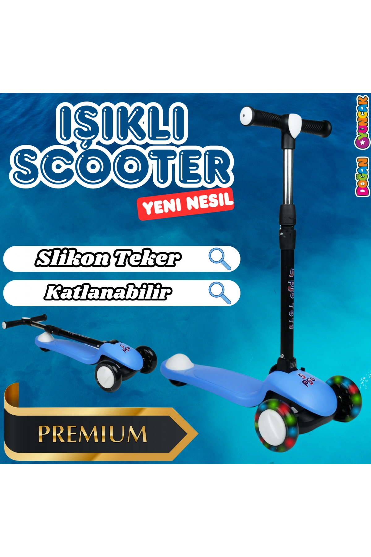 Lupa Katlanabilir Işıklı 3 Tekerlekli Mavi Scooter - Işıklı Scooter - Slikon Teker Scooter - Çocuk Scooter - İttir Git