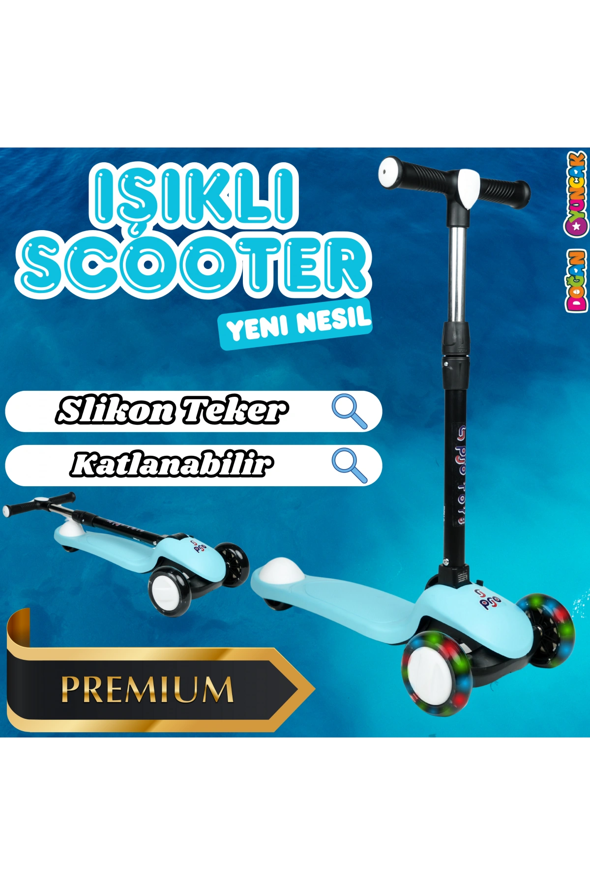 Lupa Katlanabilir Işıklı 3 Tekerlekli Turkuaz Scooter - Işıklı Scooter - Slikon Teker Scooter - Çocuk Scooter - İttir Git