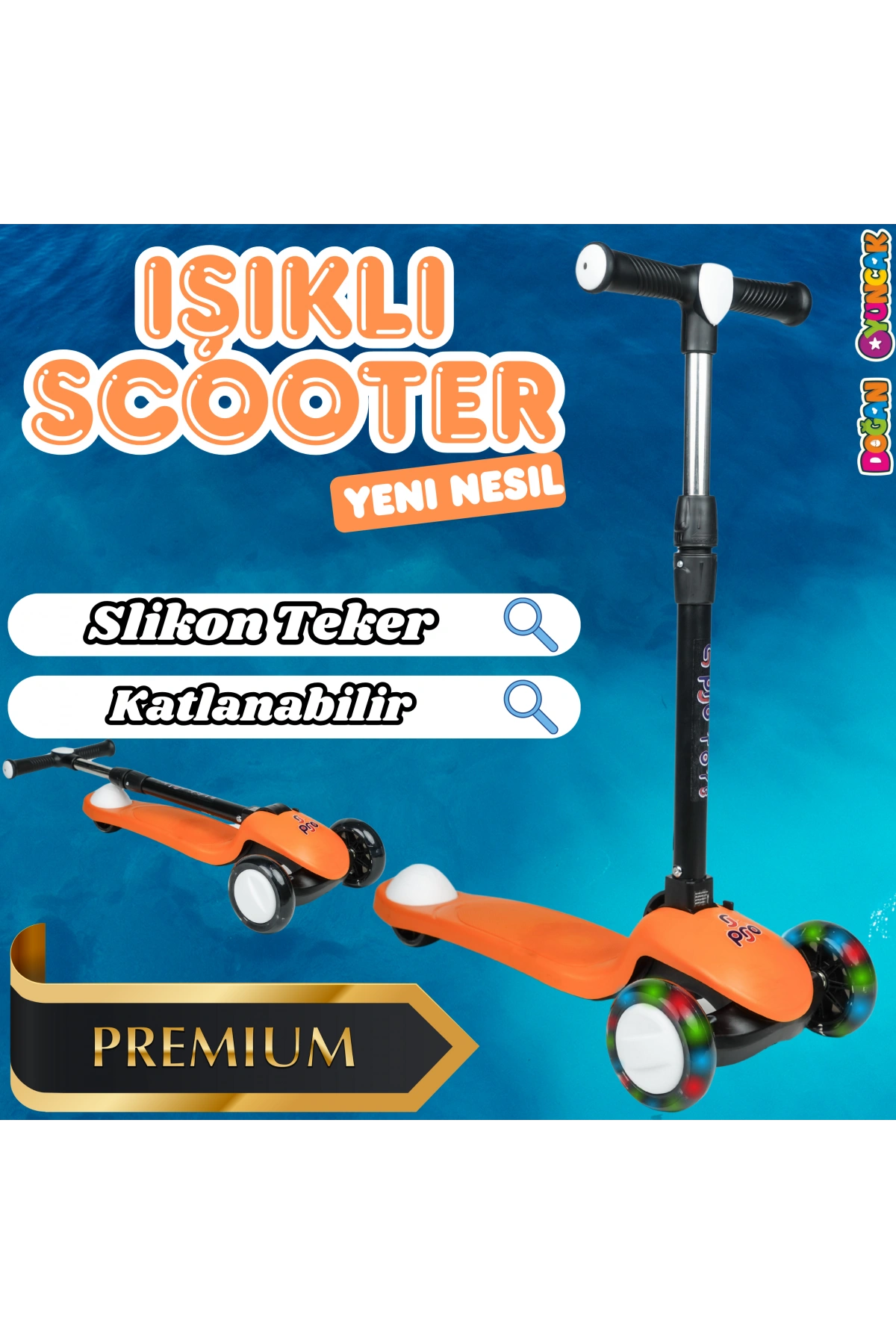 Lupa Katlanabilir Işıklı 3 Tekerlekli Turuncu Scooter - Işıklı Scooter - Slikon Teker Scooter - Çocuk Scooter - İttir Git
