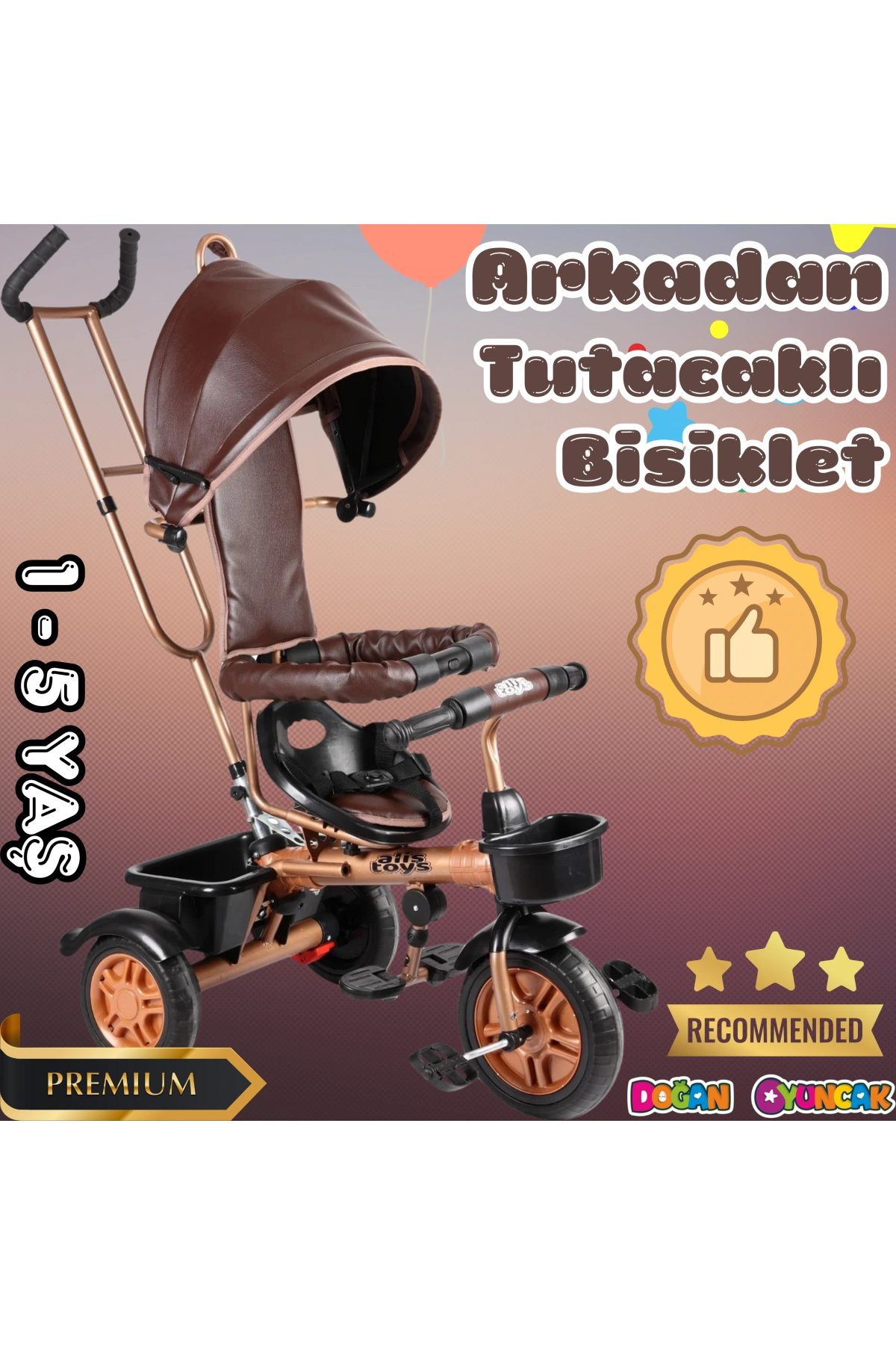 Sweet Gold Arkadan Tutacaklı Bisiklet Kahverengi - Üç Tekerli İtmeli Bisiklet - Ebeveyn Kontröllü Bisiklet Bebek Bisikleti