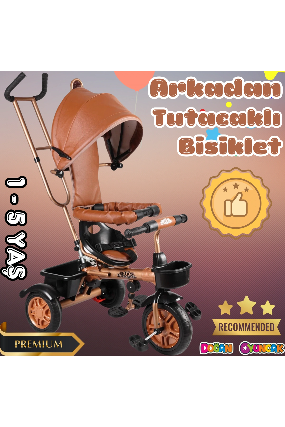 Sweet Gold Arkadan Tutacaklı Bisiklet Krem - Üç Tekerli İtmeli Bisiklet - Ebeveyn Kontröllü Bisiklet Bebek Bisikleti