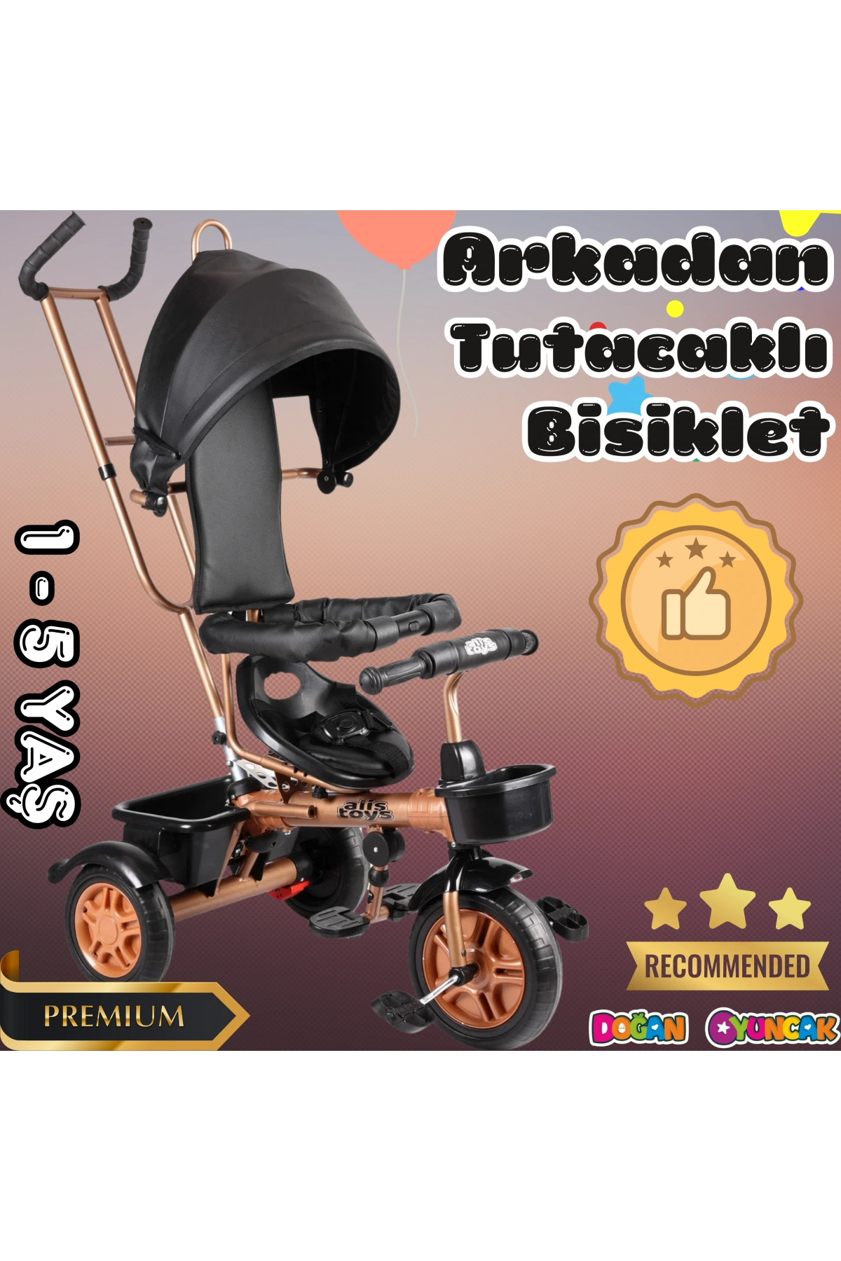 Sweet Gold Arkadan Tutacaklı Bisiklet Siyah - Üç Tekerli İtmeli Bisiklet - Ebeveyn Kontröllü Bisiklet Bebek Bisikleti