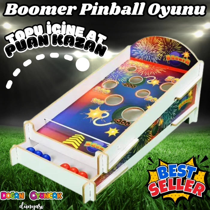 Ahşap Boomer Lastikli İp Oyunu - Pinball Oyunu - Deliğe Top Atma Oyunu - Pinbal Ahşap Oyuncak - Boomer Finger Oyunu