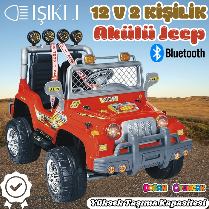 Çift Kişilik Mega Akülü Araba Kırmızı - 12 Volt İki Kişilik Akülü Araba Akülü JEEP - Mega Off Road Turbo Jeep