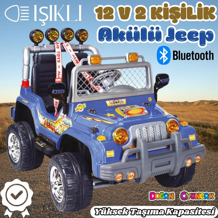 Çift Kişilik Mega Akülü Araba Mavi - 12 Volt İki Kişilik Akülü Araba Akülü JEEP - Mega Off Road Turbo Jeep
