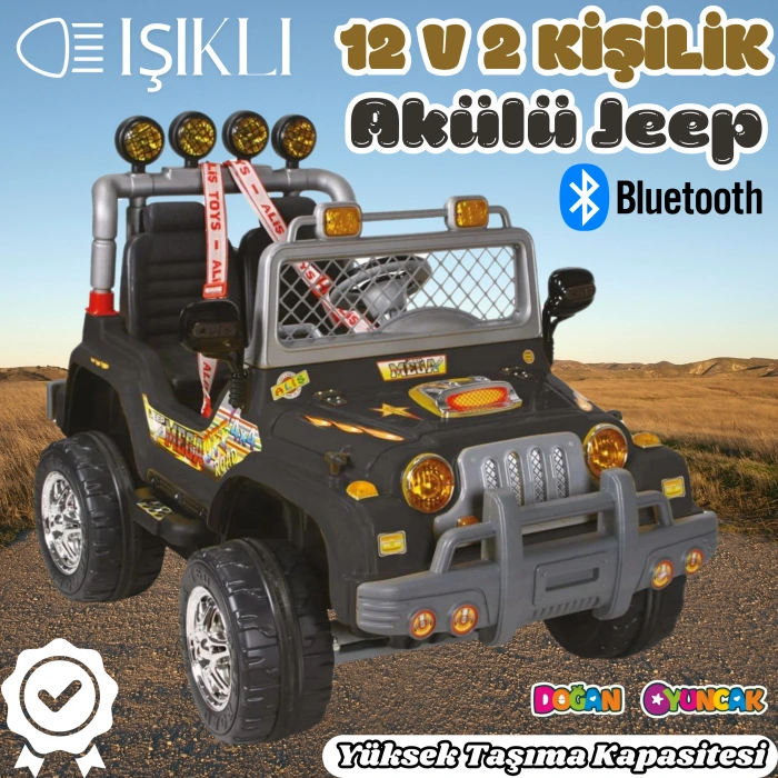 Çift Kişilik Mega Akülü Araba Siyah - 12 Volt İki Kişilik Akülü Araba Akülü JEEP - Mega Off Road Turbo Jeep