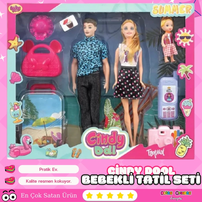 Cindy Doll Aile Tatil Seti - Aksesuarlı Bebek Seti - Oyuncak Tatil Seti - Gelin Damat Oyuncak Aile Oyuncak