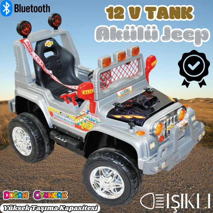 Işıklı Mega Akülü Araba Gri - 12 Volt Tek Kişilik Akülü Araba Akülü JEEP - Mega Off Road Turbo Jeep