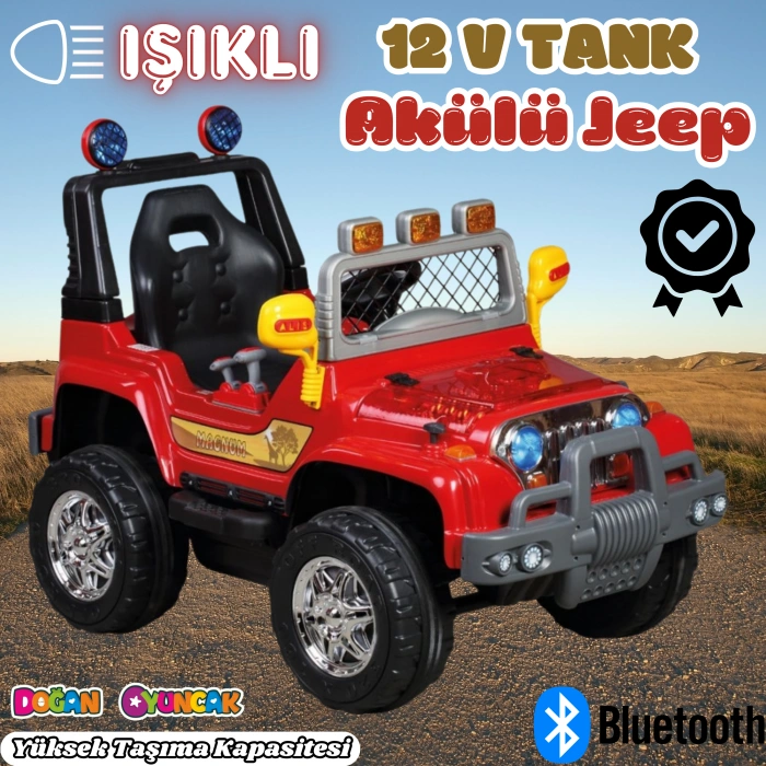 Işıklı Mega Akülü Araba Kırmızı - 12 Volt Tek Kişilik Akülü Araba Akülü JEEP - Mega Off Road Turbo Jeep