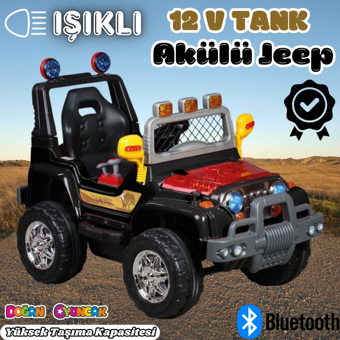 Işıklı Mega Akülü Araba Siyah - 12 Volt Tek Kişilik Akülü Araba Akülü JEEP - Mega Off Road Turbo Jeep