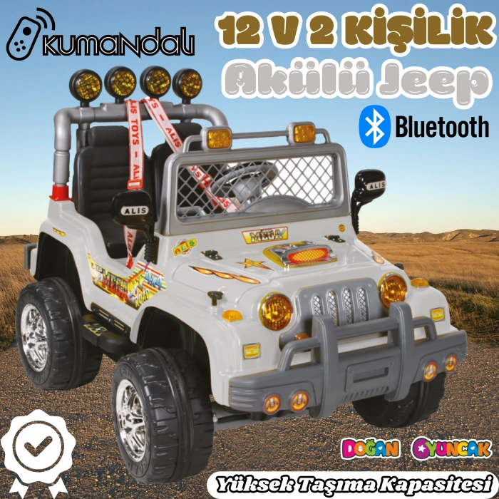 Kumandalı Çift Kişilik Mega Akülü Araba Gri - 12 Volt İki Kişilik Akülü Araba Akülü JEEP - Mega Off Road Turbo Jeep