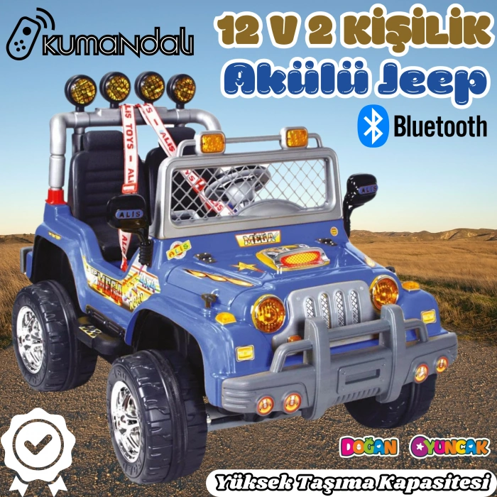 Kumandalı Çift Kişilik Mega Akülü Araba Mavi - 12 Volt İki Kişilik Akülü Araba Akülü JEEP - Mega Off Road Turbo Jeep