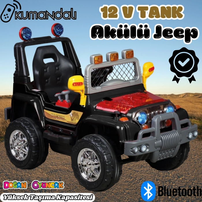 Kumandalı Mega Akülü Araba Siyah - Kumandalı 12 Volt Tek Kişilik Akülü Araba Akülü JEEP - Mega Off Road Turbo Jeep