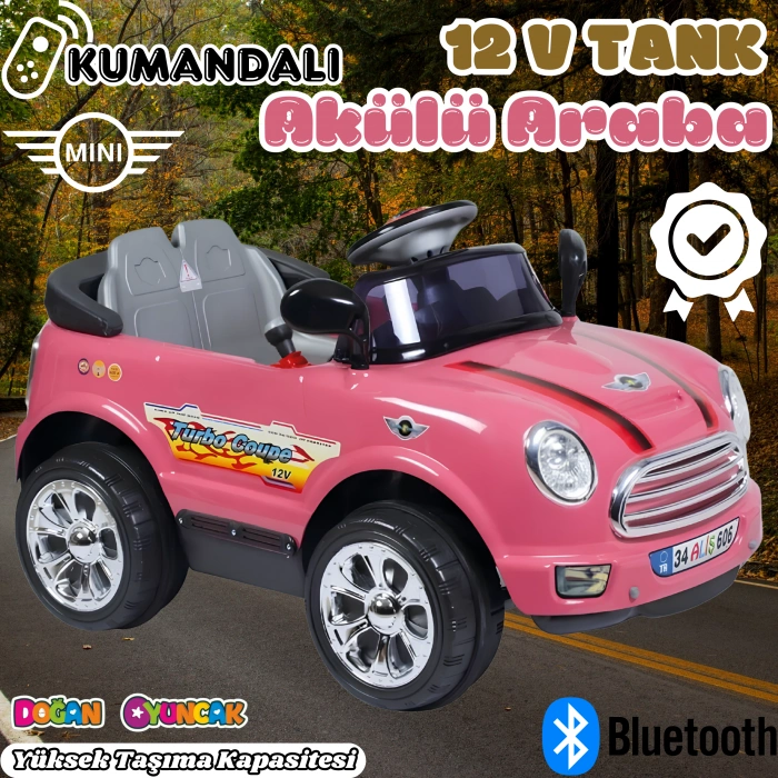 Kumandalı Mini Cooper Akülü Araba Pembe - Kumandalı 12 Volt Tek Kişilik Akülü Araba Akülü JEEP - Turbo Coupe Akülü Araba