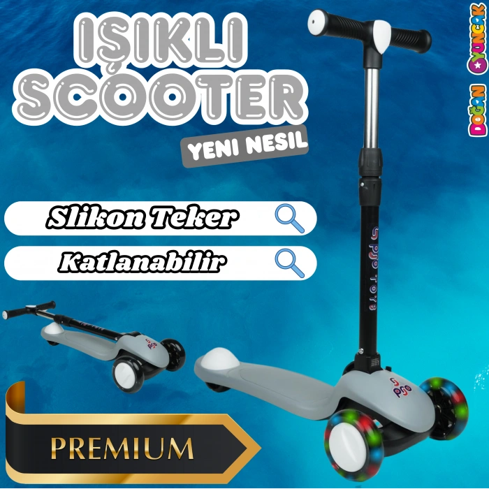 Lupa Katlanabilir Işıklı 3 Tekerlekli Gri Scooter - Işıklı Scooter - Slikon Teker Scooter - Çocuk Scooter - İttir Git