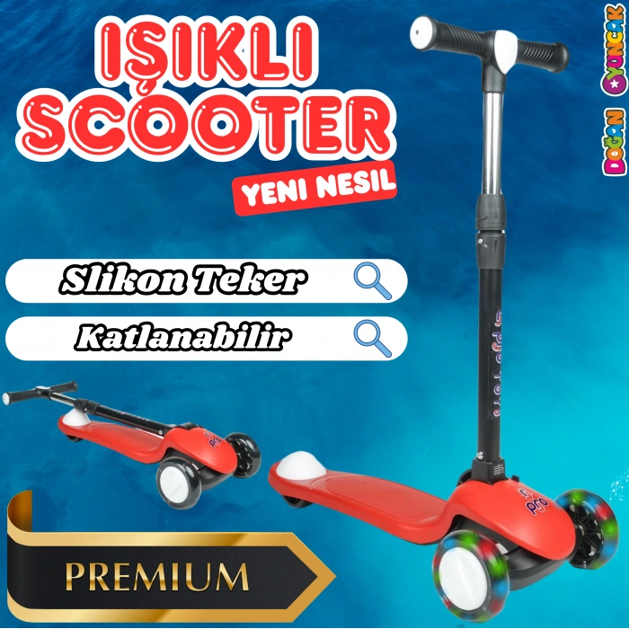Lupa Katlanabilir Işıklı 3 Tekerlekli Kırmızı Scooter - Işıklı Scooter - Slikon Teker Scooter - Çocuk Scooter - İttir Git