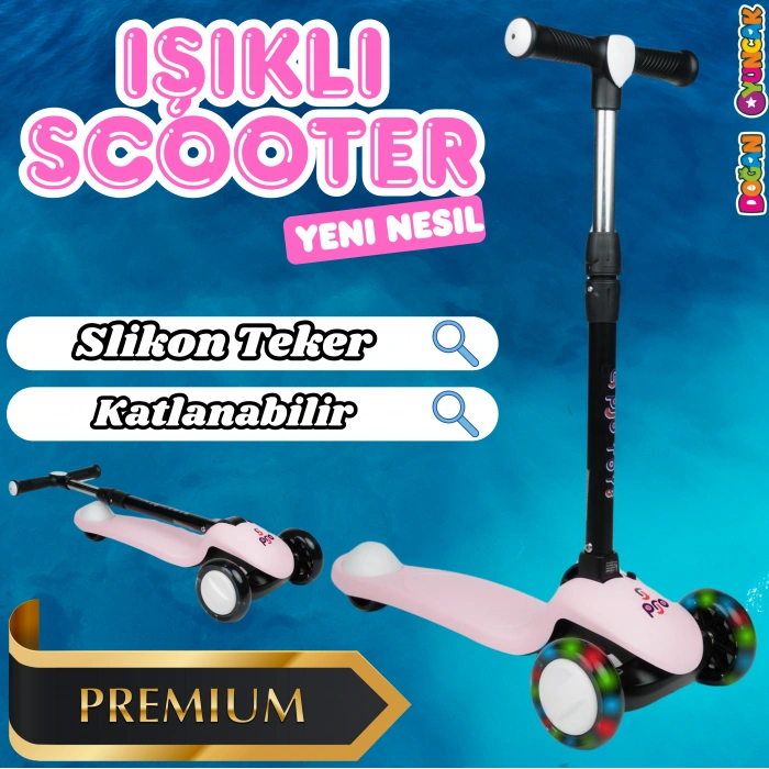 Lupa Katlanabilir Işıklı 3 Tekerlekli Pembe Scooter - Işıklı Scooter - Slikon Teker Scooter - Çocuk Scooter - İttir Git