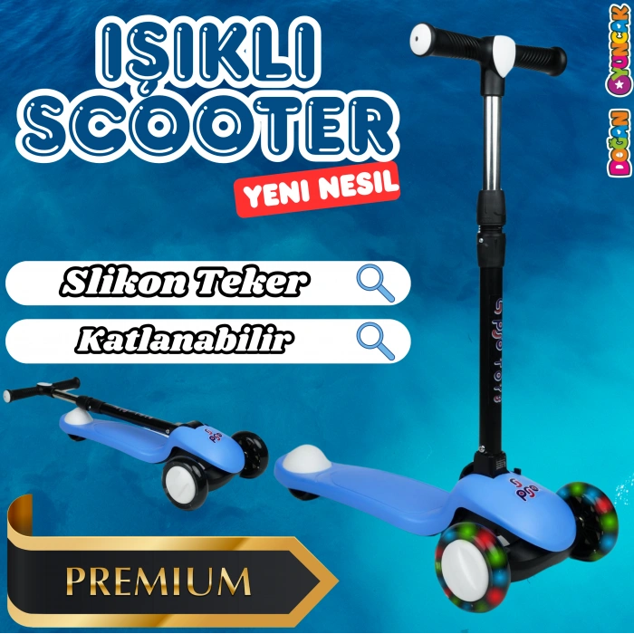 Lupa Katlanabilir Işıklı 3 Tekerlekli Mavi Scooter - Işıklı Scooter - Slikon Teker Scooter - Çocuk Scooter - İttir Git