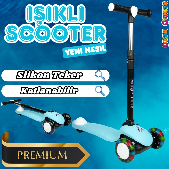 Lupa Katlanabilir Işıklı 3 Tekerlekli Turkuaz Scooter - Işıklı Scooter - Slikon Teker Scooter - Çocuk Scooter - İttir Git
