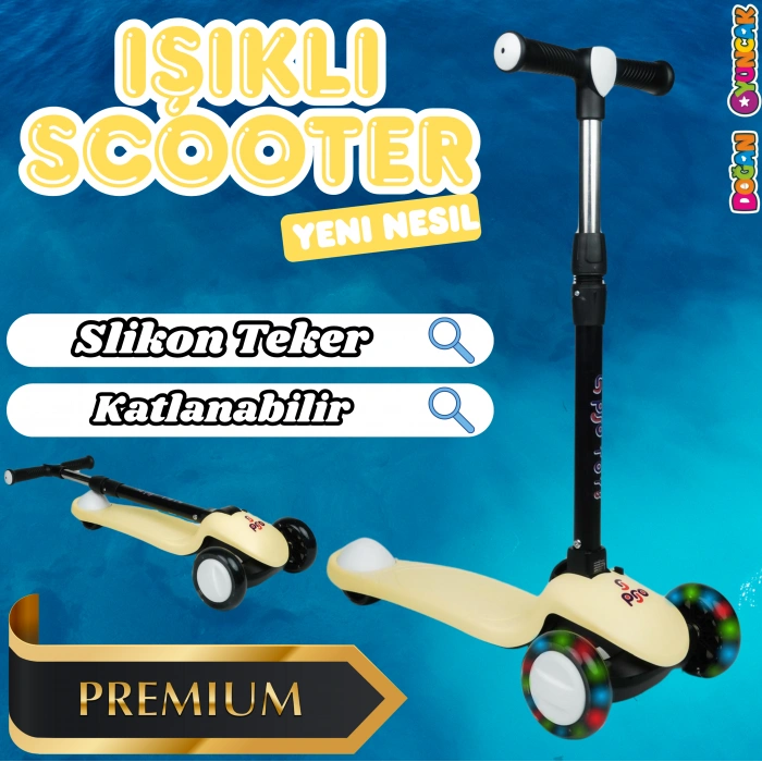 Lupa Katlanabilir Işıklı 3 Tekerlekli Sarı Scooter - Işıklı Scooter - Slikon Teker Scooter - Çocuk Scooter - İttir Git