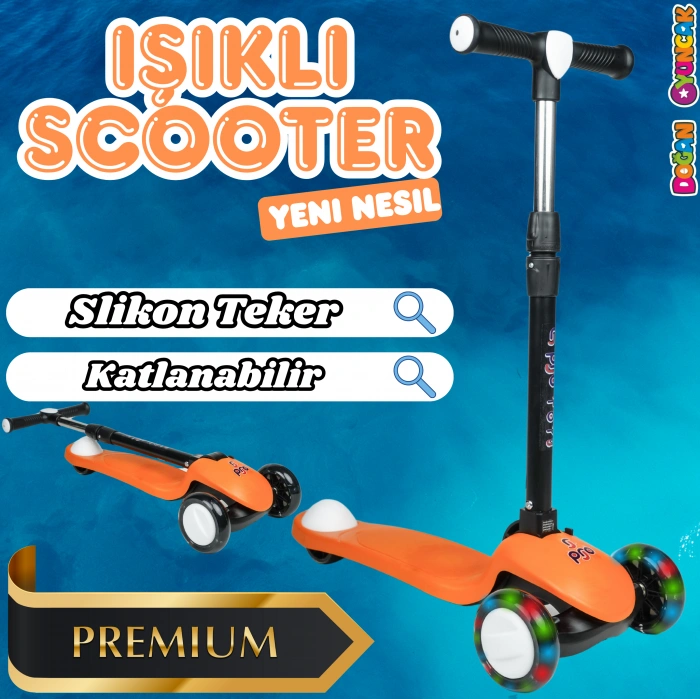 Lupa Katlanabilir Işıklı 3 Tekerlekli Turuncu Scooter - Işıklı Scooter - Slikon Teker Scooter - Çocuk Scooter - İttir Git