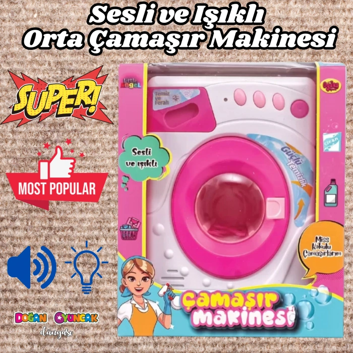 Orta Pilli Neşeli Çamaşır Makinesi - Pilli Oyuncak Çamaşır Makinesi - Çamaşır Makinesi Oyuncak - Işıklı Sesli Makine