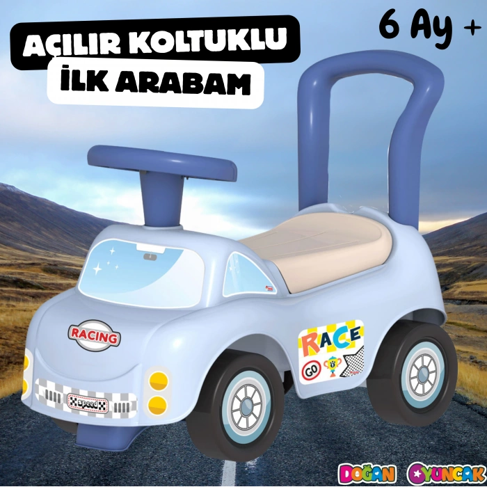 Sevimli İlk Arabam Mavi - Binmeli Araba İlk Arabam - Çocuk Arabası - İlk Adım Arabası - 4 Teker Araç