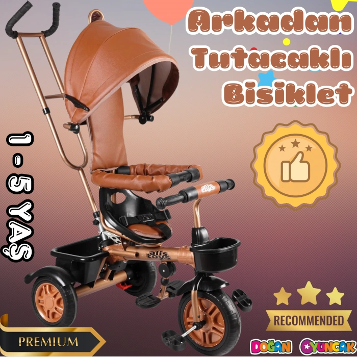 Sweet Gold Arkadan Tutacaklı Bisiklet Krem - Üç Tekerli İtmeli Bisiklet - Ebeveyn Kontröllü Bisiklet Bebek Bisikleti