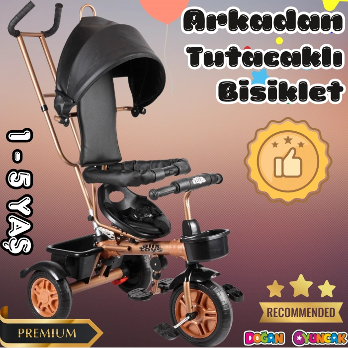 Sweet Gold Arkadan Tutacaklı Bisiklet Siyah - Üç Tekerli İtmeli Bisiklet - Ebeveyn Kontröllü Bisiklet Bebek Bisikleti