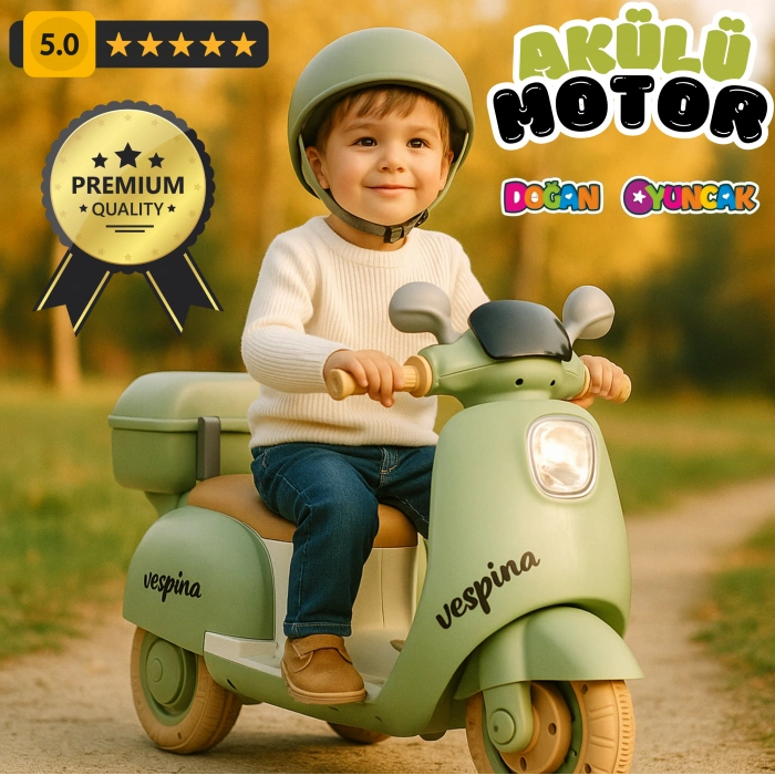 Wespina Uzaktan Kumandalı 3 Tekerli Akülü Motor Yeşil - Akülü Çocuk Motor Müzik Çalarlı Uzaktan Kumandalı Motor
