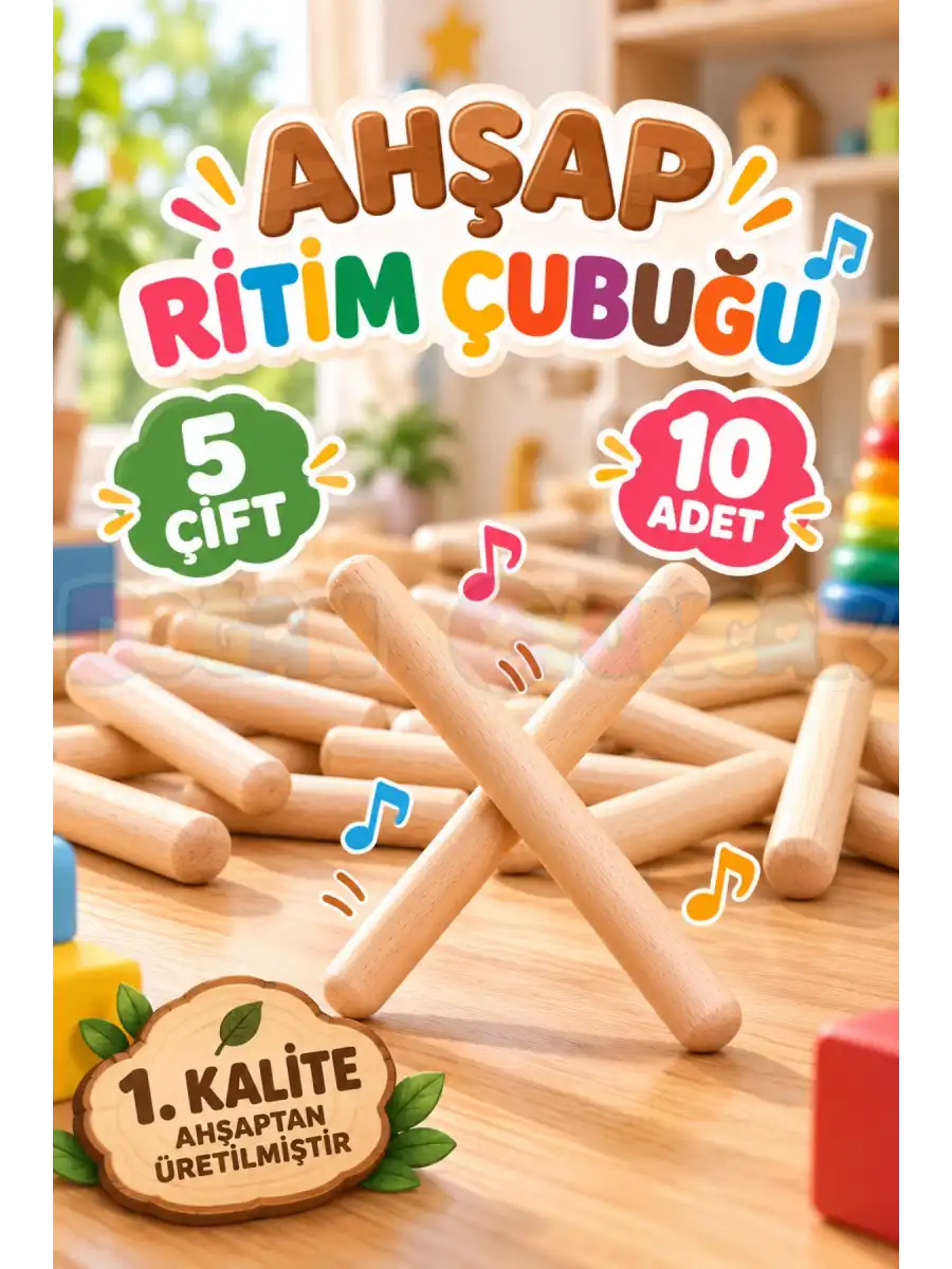 1. Kalite Ahşap Ritim Çubuğu 5 Çift / 10 Adet - Müzik Aletleri Seti