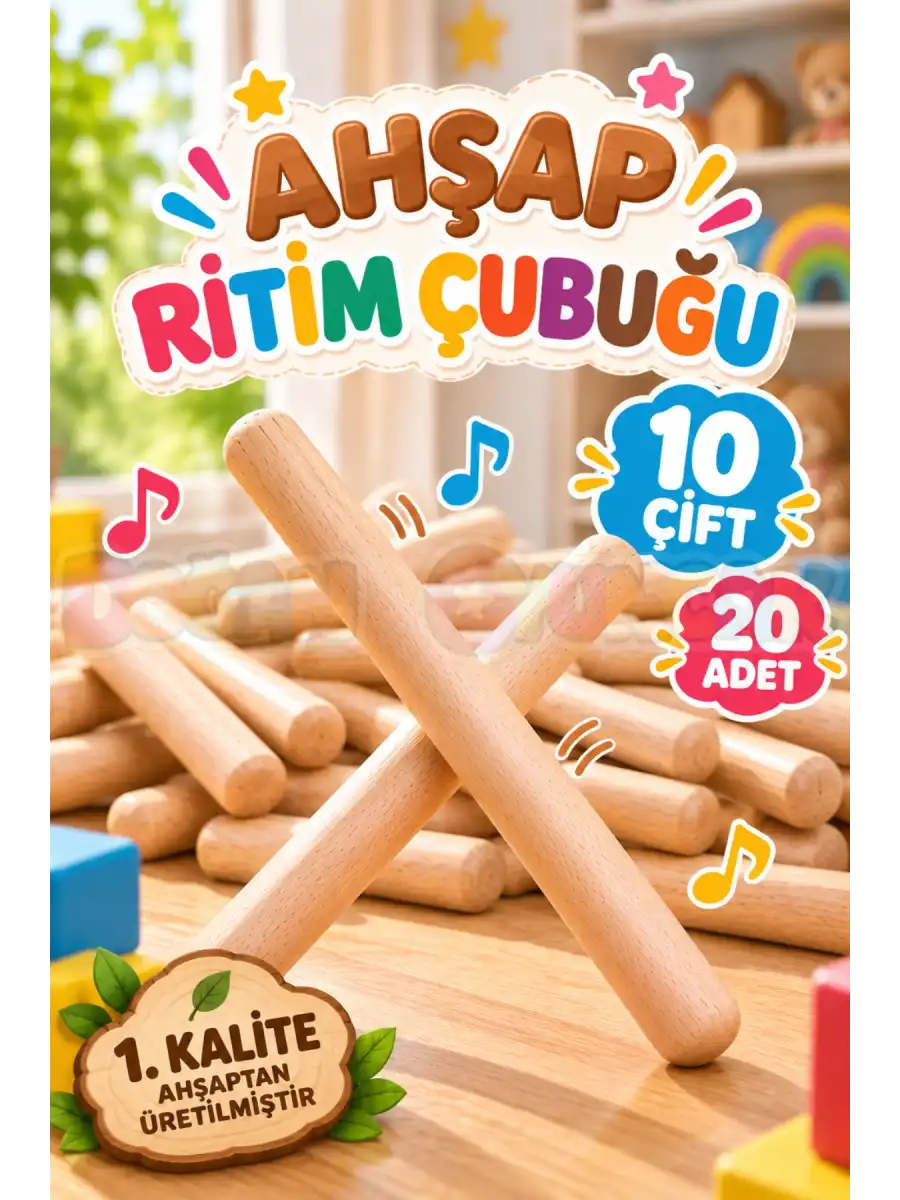 1. Kalite Ahşap Ritim Çubuğu 10 Çift / 20 Adet - Müzik Aletleri Seti