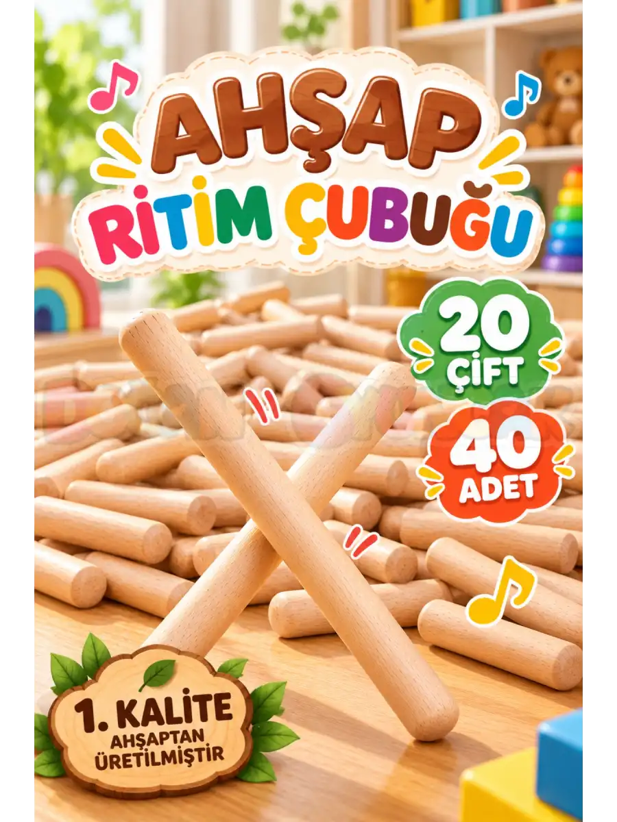 1. Kalite Ahşap Ritim Çubuğu 20 Çift / 40 Adet - Müzik Aletleri Seti