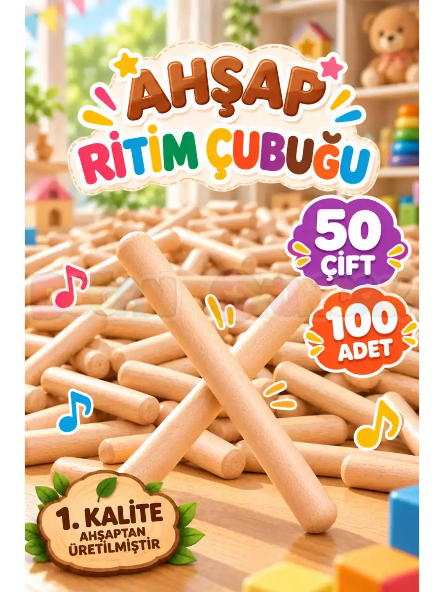 1. Kalite Ahşap Ritim Çubuğu 50 Çift / 100 Adet - Müzik Aletleri Seti