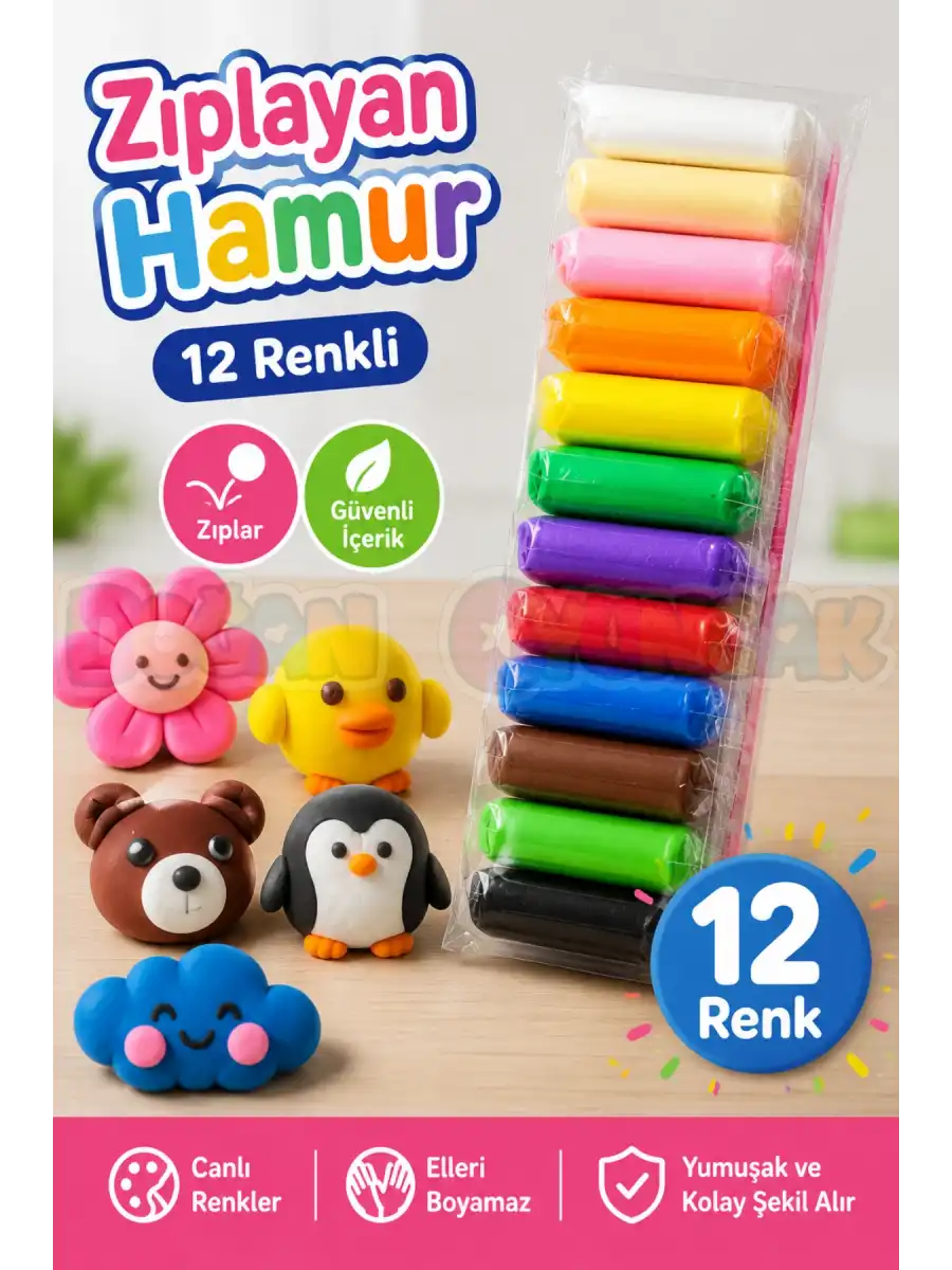 12 Renkli Zıplayan Hamur Yumuşak Kil Hamur Kıvamında Zıplayan Kil