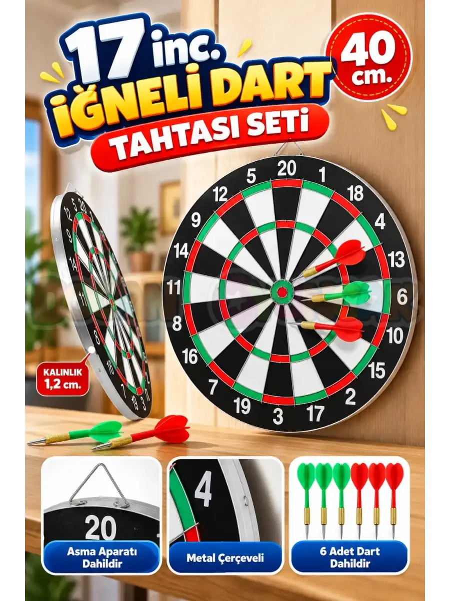 17 inc. İğneli Dart Tahtası Seti (40 cm.) - Oyuncak Dart Seti - İğneli Dart Oyuncak - Dart Oyunu Seti