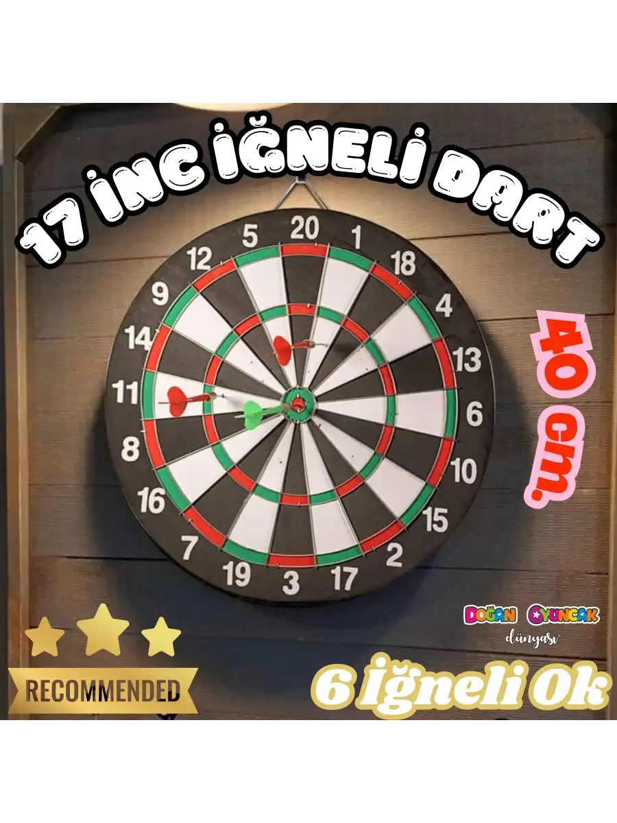 17 inc. İğneli Dart Tahtası Seti (40 cm.) - Oyuncak Dart Seti - İğneli Dart Oyuncak - Dart Oyunu Seti