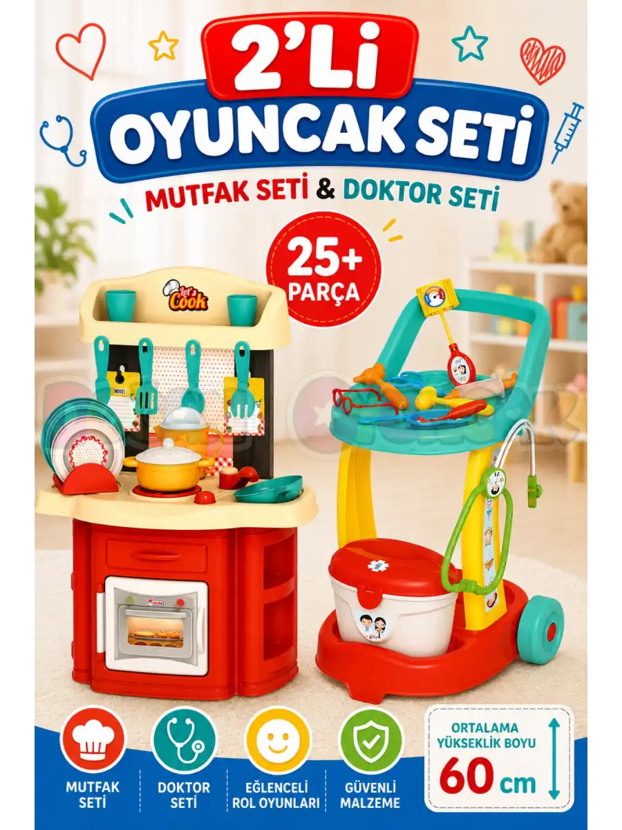 2’li Çocuk Mutfak ve Doktor Seti 26 Parça Oyuncak Doktor Arabası Evcilik Oyun Seti