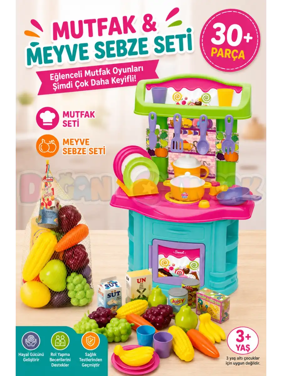 2li Çocuk Mutfak ve Meyve Sebze Seti Mutfak Oyun Seti Evcilik Oyuncağı Seti
