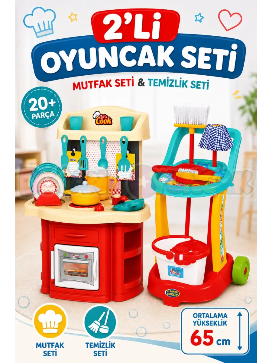 2’li Çocuk Mutfak ve Temizlik Seti 20+ Parça Oyuncak Mutfak Süpürge Vileda Seti