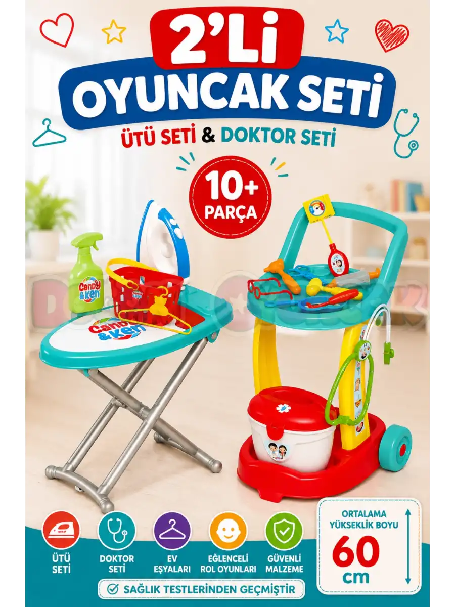 2’li Çocuk Ütü ve Doktor Seti Ütü Masası Doktor Arabası Evcilik Oyuncak Seti