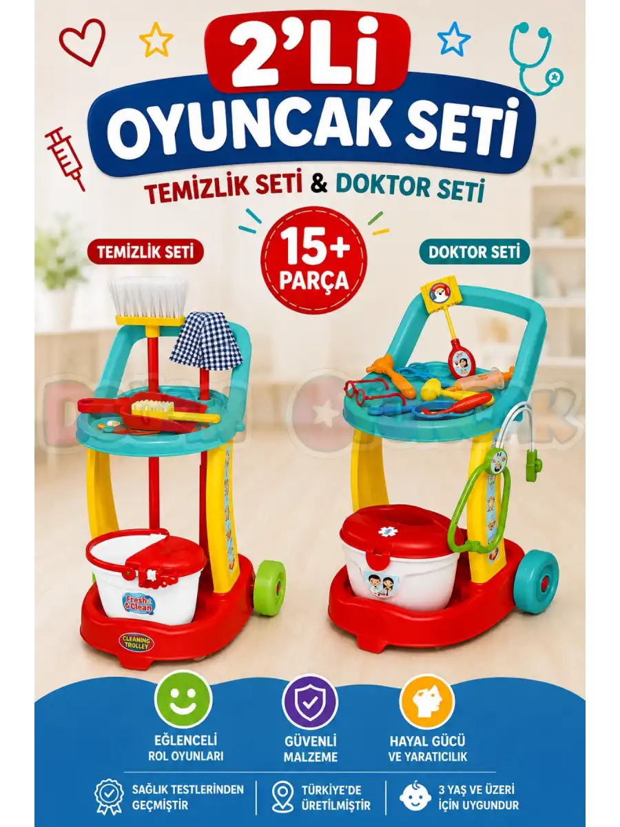 2li Oyuncak Seti Doktor Seti ve Temizlik Arabası Vileda Evcilik Seti 15+ Parça