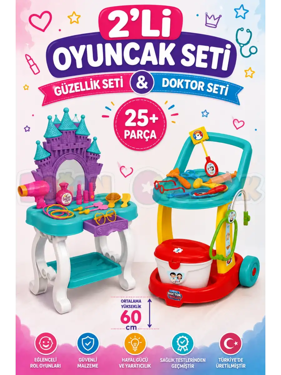 2li Oyuncak Seti Şato Güzellik Masası Kuaför Makyaj ve Doktor Seti 25 Parça