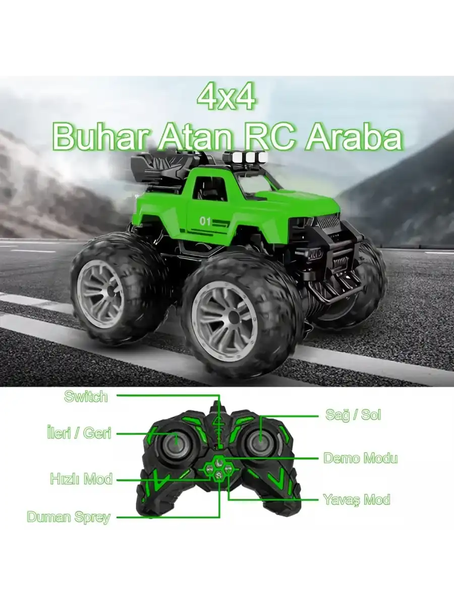Smoke R/C Araba Yeşil - Uzaktan Kumandalı Duman Atan Araba - Dumanlı Kumandalı Araba - Uzaktan Kumandalı Araba