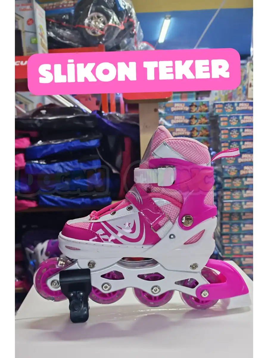 Slikon Tekerli Pembe Paten 31-34 Numara - Silikon Tekerli Paten Alıştırma Pateni - Silikon Tekerlekli